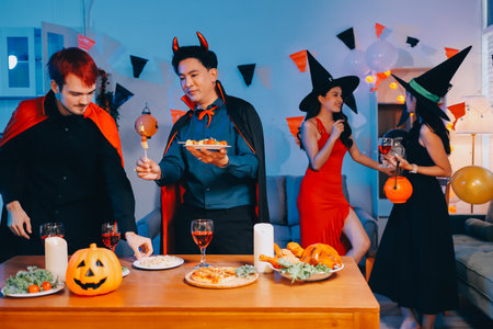 Joyful Halloween party with coworkers in costumes, celebrating with drinks and laughter, fostering...