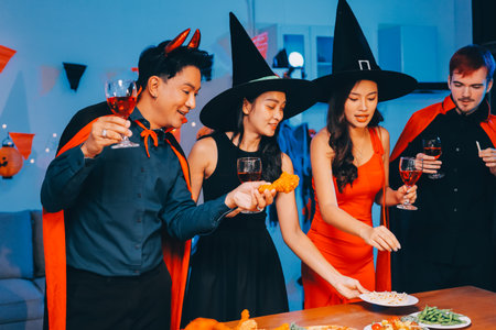 Joyful Halloween party with coworkers in costumes, celebrating with drinks and laughter, fostering teamwork and festive spiritの写真素材