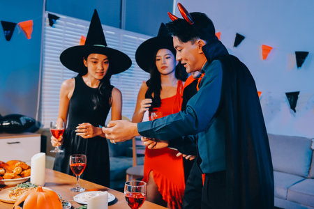 Joyful office Halloween party with coworkers in costumes, celebrating with drinks and laughter, fostering teamwork and festive spiritの写真素材