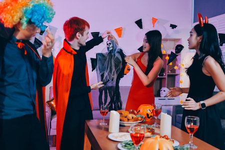 Joyful office Halloween party with coworkers in costumes, celebrating with drinks and laughter, fostering teamwork and festive spiritの写真素材