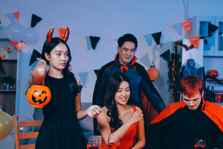 Joyful Halloween party with coworkers in costumes, celebrating with drinks and laughter, fostering teamwork and festive spiritの写真素材