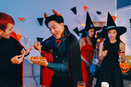 Joyful Halloween party with coworkers in costumes, celebrating with drinks and laughter, fostering teamwork and festive spiritの写真素材