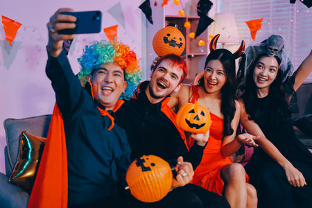 Joyful office Halloween party with coworkers in costumes, celebrating with drinks and laughter, fostering teamwork and festive spiritの写真素材