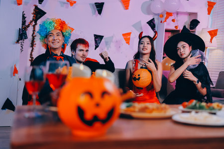 Joyful Halloween party with coworkers in costumes, celebrating with drinks and laughter, fostering teamwork and festive spiritの写真素材