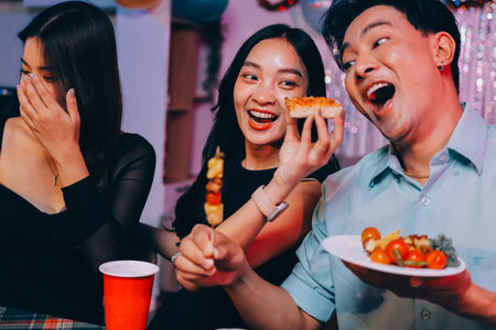 Diversity, dinner and group of people toast celebration together at party. Friends, happy and celebrate with food, wine and friendship for love, support and cheers champagne at business functionの写真素材