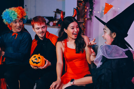 Joyful office Halloween party with coworkers in costumes, celebrating with drinks and laughter,...