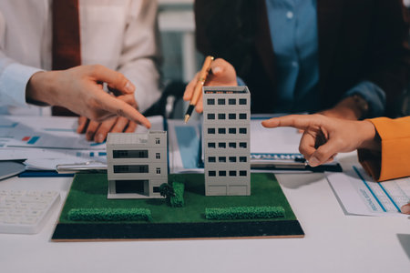 Real estate agent and customer signing contract to buy house, insurance or loan real estate.rent a...