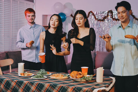 Diversity, dinner and group of people toast celebration together at party. Friends, happy and celebrate with food, wine and friendship for love, support and cheers champagne at business functionの写真素材