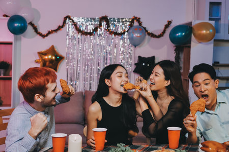 Diversity, dinner and group of people toast celebration together at party. Friends, happy and celebrate with food, wine and friendship for love, support and cheers champagne at business functionの写真素材