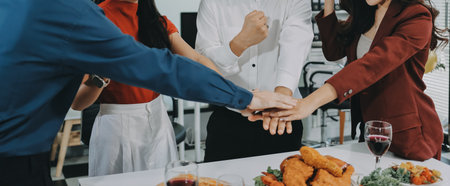 Diversity, dinner and group of people toast celebration together at party. Friends, happy and...