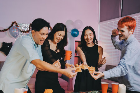 Diversity, dinner and group of people toast celebration together at party. Friends, happy and celebrate with food, wine and friendship for love, support and cheers at business functionの写真素材