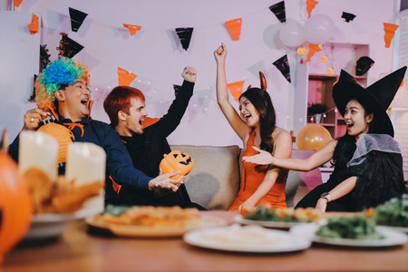 Joyful office Halloween party with coworkers in costumes, celebrating with drinks and laughter, fostering teamwork and festive spiritの写真素材