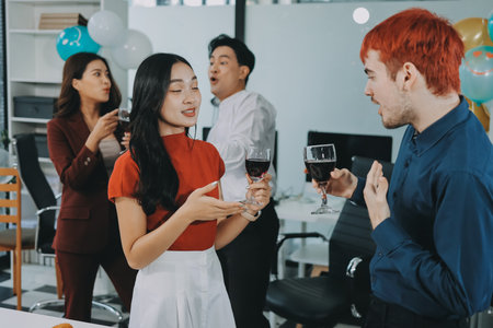 Diversity, dinner and group of people toast celebration together at party. Friends, happy and celebrate with food, wine and friendship for love, support and cheers champagne at business functionの写真素材