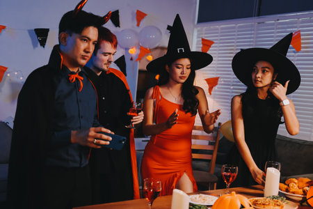 Joyful Halloween party with coworkers in costumes, celebrating with drinks and laughter, fostering...