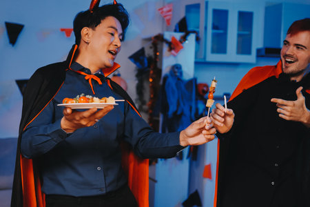 Joyful office Halloween party with coworkers in costumes, celebrating with drinks and laughter,...