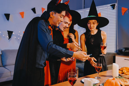 Joyful office Halloween party with coworkers in costumes, celebrating with drinks and laughter, fostering teamwork and festive spiritの写真素材