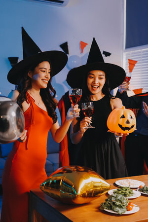 Joyful Halloween party with coworkers in costumes, celebrating with drinks and laughter, fostering...