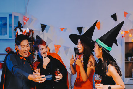 Joyful office Halloween party with coworkers in costumes, celebrating with drinks and laughter, fostering teamwork and festive spiritの写真素材