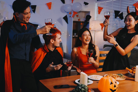 Joyful office Halloween party with coworkers in costumes, celebrating with drinks and laughter, fostering teamwork and festive spiritの写真素材