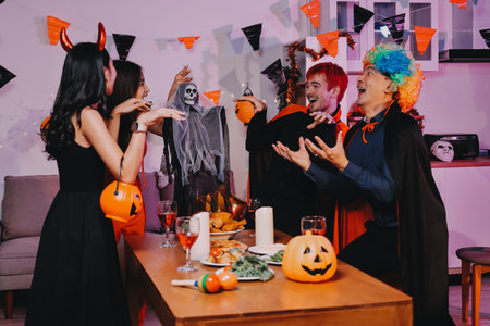 Joyful office Halloween party with coworkers in costumes, celebrating with drinks and laughter, fostering teamwork and festive spiritの写真素材