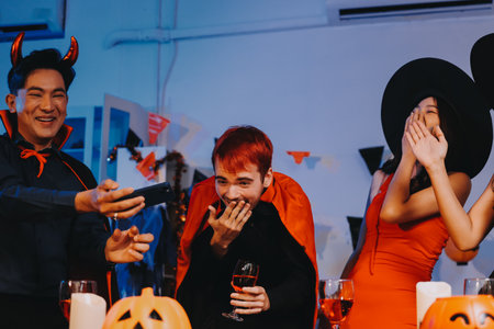 Joyful office Halloween party with coworkers in costumes, celebrating with drinks and laughter, fostering teamwork and festive spiritの写真素材