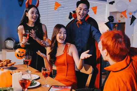 Joyful office Halloween party with coworkers in costumes, celebrating with drinks and laughter, fostering teamwork and festive spiritの写真素材