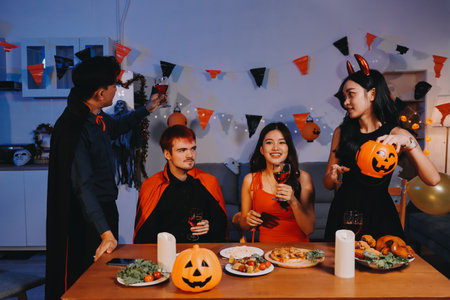 Joyful Halloween party with coworkers in costumes, celebrating with drinks and laughter, fostering teamwork and festive spiritの写真素材