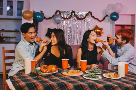 Diversity, dinner and group of people toast celebration together at party. Friends, happy and celebrate with food, wine and friendship for love, support and cheers champagne at business functionの写真素材