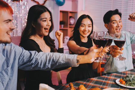 Diversity, dinner and group of people toast celebration together at party. Friends, happy and...