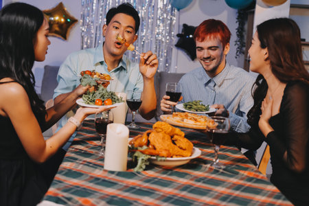 Diversity, dinner and group of people toast celebration together at party. Friends, happy and celebrate with food, wine and friendship for love, support and cheers champagne at business functionの写真素材