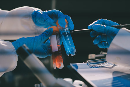 Researchers working in the clinical laboratoryの写真素材