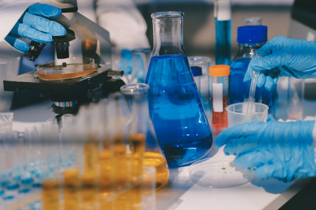 Researchers working in the clinical laboratoryの写真素材