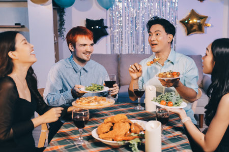 Diversity, dinner and group of people toast celebration together at party. Friends, happy and celebrate with food, wine and friendship for love, support and cheers champagne at business functionの写真素材