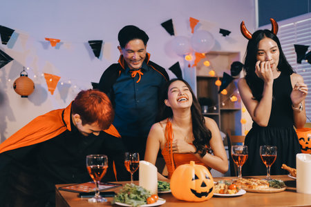 Joyful office Halloween party with coworkers in costumes, celebrating with drinks and laughter, fostering teamwork and festive spiritの写真素材