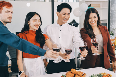 Diversity, dinner and group of people toast celebration together at party. Friends, happy and celebrate with food, wine and friendship for love, support and cheers champagne at business functionの写真素材