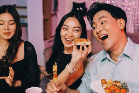 Diversity, dinner and group of people toast celebration together at party. Friends, happy and celebrate with food, wine and friendship for love, support and cheers champagne at business functionの写真素材