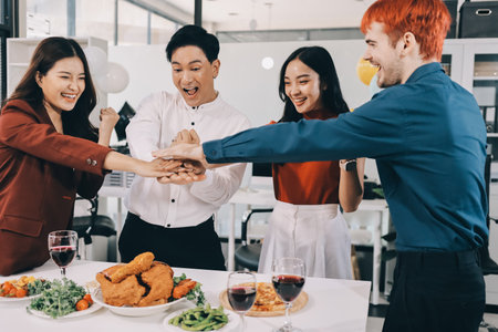 Diversity, dinner and group of people toast celebration together at party. Friends, happy and celebrate with food, wine and friendship for love, support and cheers champagne at business functionの写真素材