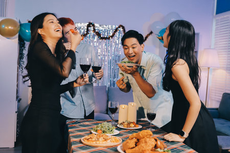 Diversity, dinner and group of people toast celebration together at party. Friends, happy and celebrate with food, wine and friendship for love, support and cheers champagne at business functionの写真素材