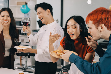 Diversity, dinner and group of people toast celebration together at party. Friends, happy and celebrate with food, wine and friendship for love, support and cheers champagne at business functionの写真素材