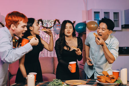 Diversity, dinner and group of people toast celebration together at party. Friends, happy and celebrate with food, wine and friendship for love, support and cheers champagne at business functionの写真素材