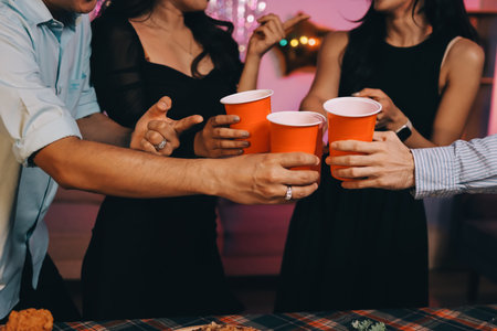 Diversity, dinner and group of people toast celebration together at party. Friends, happy and celebrate with food, wine and friendship for love, support and cheers champagne at business functionの写真素材