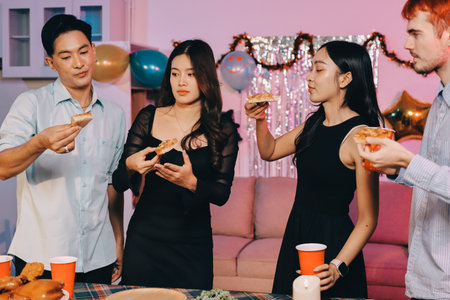 Diversity, dinner and group of people toast celebration together at party. Friends, happy and celebrate with food, wine and friendship for love, support and cheers champagne at business functionの写真素材