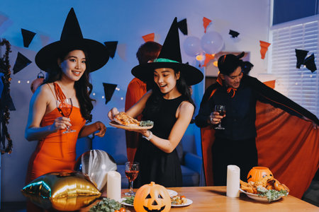 Joyful office Halloween party with coworkers in costumes, celebrating with drinks and laughter, fostering teamwork and festive spirit