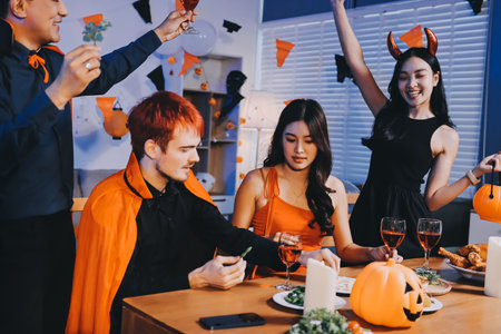 Joyful office Halloween party with coworkers in costumes, celebrating with drinks and laughter, fostering teamwork and festive spiritの写真素材