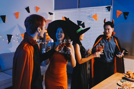 Joyful office Halloween party with coworkers in costumes, celebrating with drinks and laughter, fostering teamwork and festive spiritの写真素材