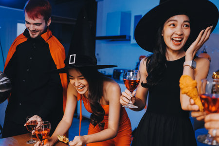 Joyful office Halloween party with coworkers in costumes, celebrating with drinks and laughter, fostering teamwork and festive spiritの写真素材