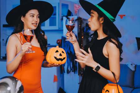 Joyful Halloween party with coworkers in costumes, celebrating with drinks and laughter, fostering teamwork and festive spiritの写真素材