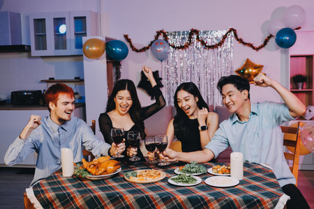 Diversity, dinner and group of people toast celebration together at party. Friends, happy and celebrate with food, wine and friendship for love, support and cheers champagne at business functionの写真素材