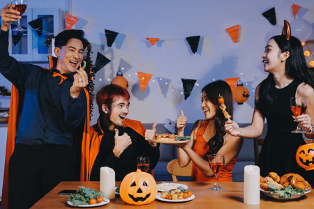 Joyful Halloween party with coworkers in costumes, celebrating with drinks and laughter, fostering teamwork and festive spiritの写真素材