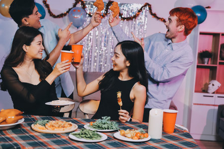 Diversity, dinner and group of people toast celebration together at party. Friends, happy and celebrate with food, wine and friendship for love, support and cheers champagne at business functionの写真素材